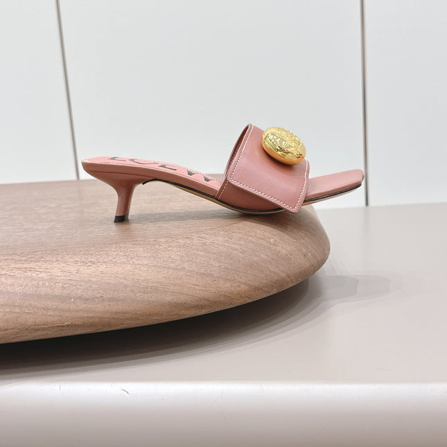 LOEWE 26S SQUARE TOE SANDALS 45MM IN PINK CALFSKIN GOLD HARDWARE