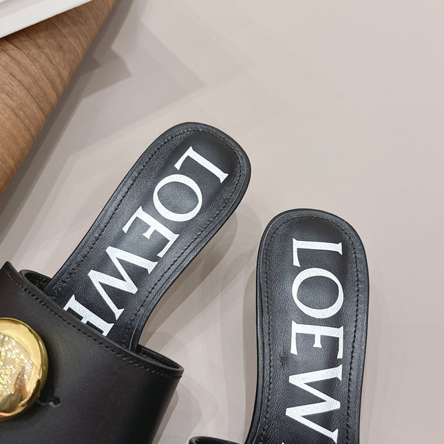 LOEWE 26S SQUARE TOE SANDALS 45MM IN BLACK CALFSKIN GOLD HARDWARE