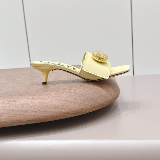 LOEWE 26S SQUARE TOE SANDALS 45MM IN LIGHT YELLOW CALFSKIN GOLD HARDWARE