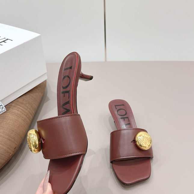 LOEWE 26S SQUARE TOE SANDALS 45MM IN DARK BROWN CALFSKIN GOLD HARDWARE