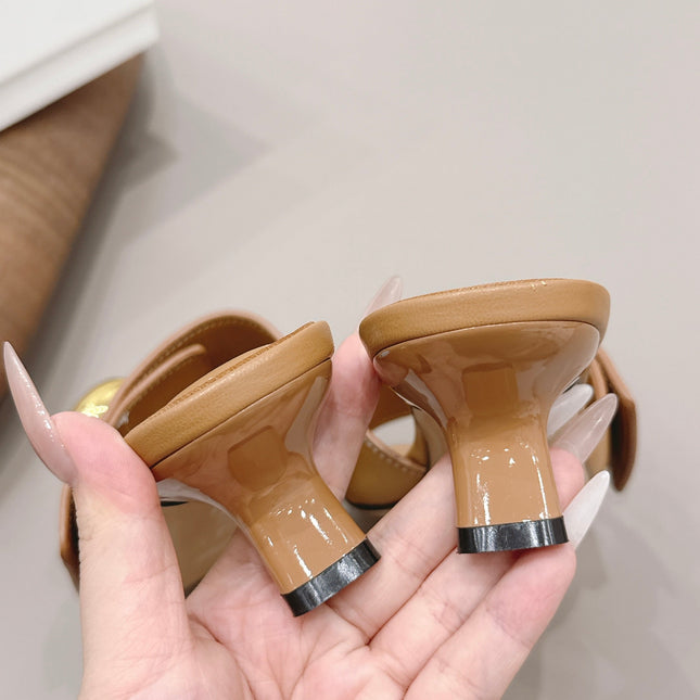 LOEWE 26S SQUARE TOE SANDALS 45MM IN TAN BROWN CALFSKIN GOLD HARDWARE