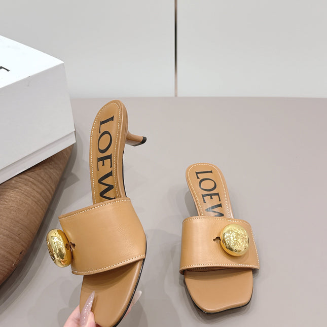 LOEWE 26S SQUARE TOE SANDALS 45MM IN TAN BROWN CALFSKIN GOLD HARDWARE