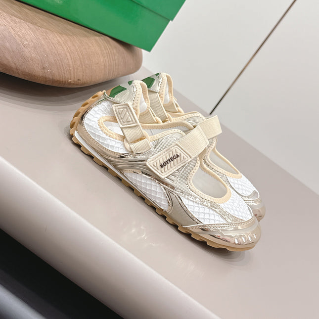 BOTTEGA VENETA 26S ORBIT FLASH MARY JANE IN BEIGE AND WHITE BREATHABLE MESH