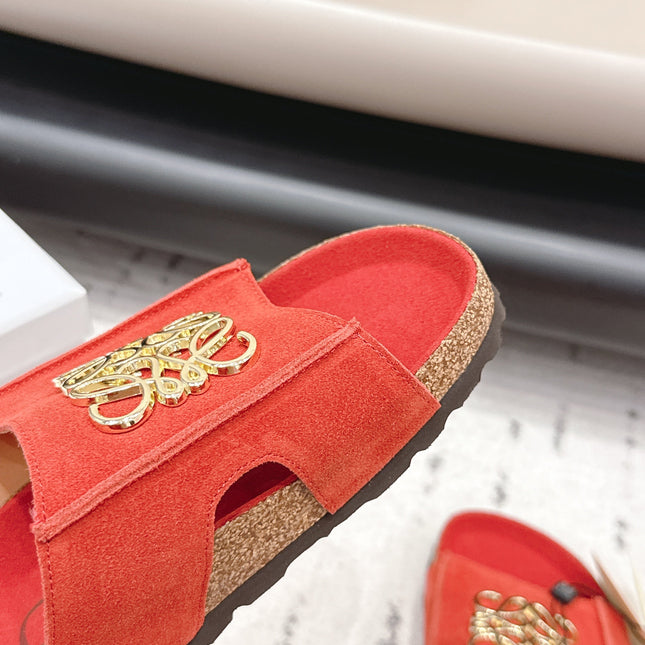 LOEWE 26S FLAT SANDALS IN RED LOGO GOLD HARDWARE