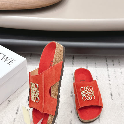 LOEWE 26S FLAT SANDALS IN RED LOGO GOLD HARDWARE