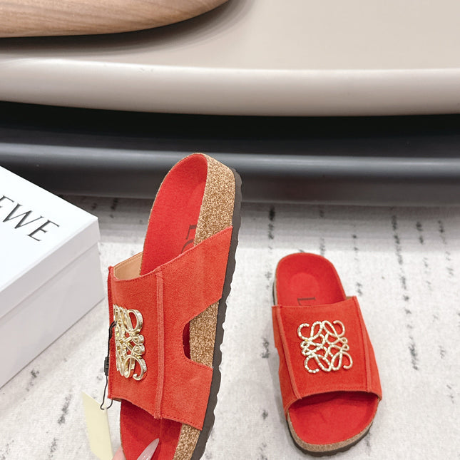 LOEWE 26S FLAT SANDALS IN RED LOGO GOLD HARDWARE