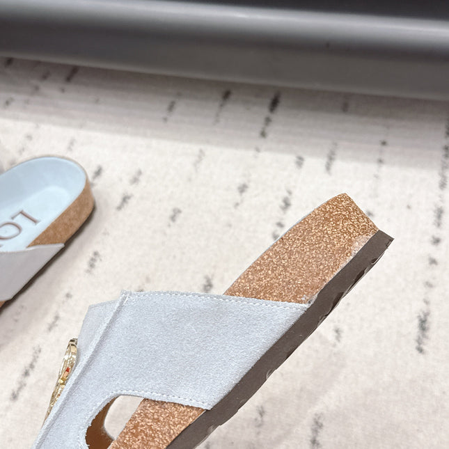 LOEWE 26S FLAT SANDALS IN LIGHT BLUE LOGO GOLD HARDWARE
