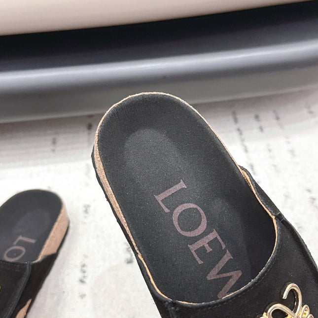 LOEWE 26S FLAT SANDALS IN BLACK LOGO GOLD HARDWARE