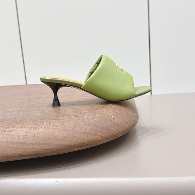 LOEWE 26S MULE HEELS 45MM IN OLIVE GREEN LAMBSKIN GOLD HARDWARE