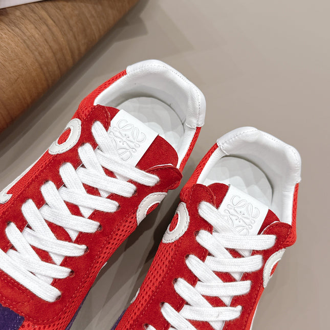 LOEWE 26S BALLET RUNNER 2.0 IN RED AND DARK PURPLE SUEDE AND MESH