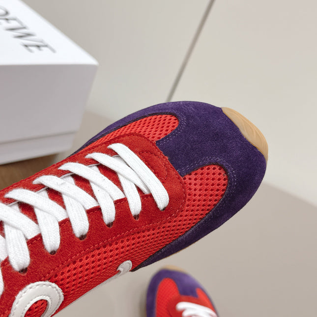LOEWE 26S BALLET RUNNER 2.0 IN RED AND DARK PURPLE SUEDE AND MESH