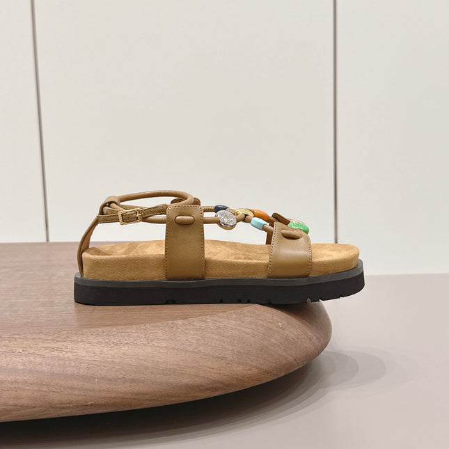 LOEWE 26S ROUND TOE WEDGE SANDALS 30MM IN TAN BROWN CALFSKIN AND SUEDE