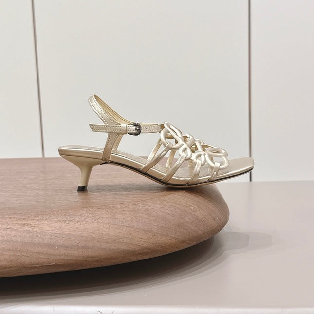 LOEWE 26S SQUARE TOE HEEL SANDALS 50MM IN GOLD CALFSKIN LOGO