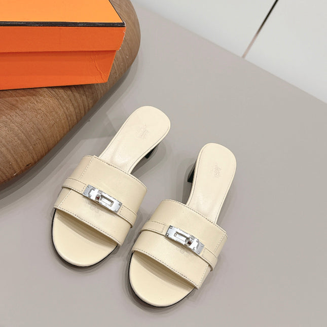 HM 26S KELLY HEEL SANDAL 50MM IN LIGHT YELLOW CALFSKIN SILVER HARDWARE