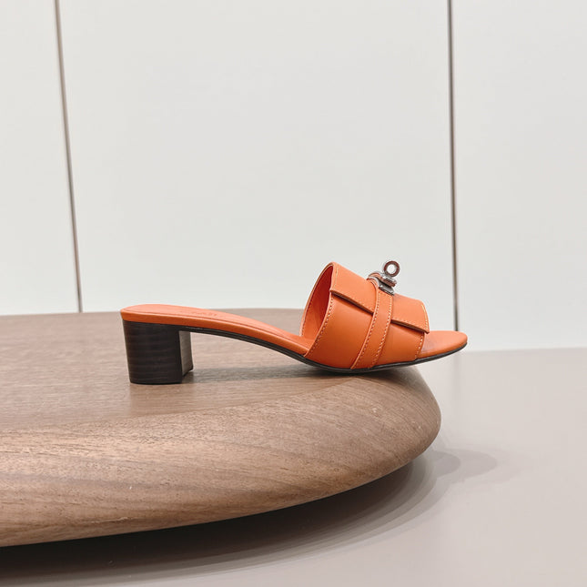 HM 26S KELLY HEEL SANDAL 50MM IN ORANGE CALFSKIN SILVER HARDWARE