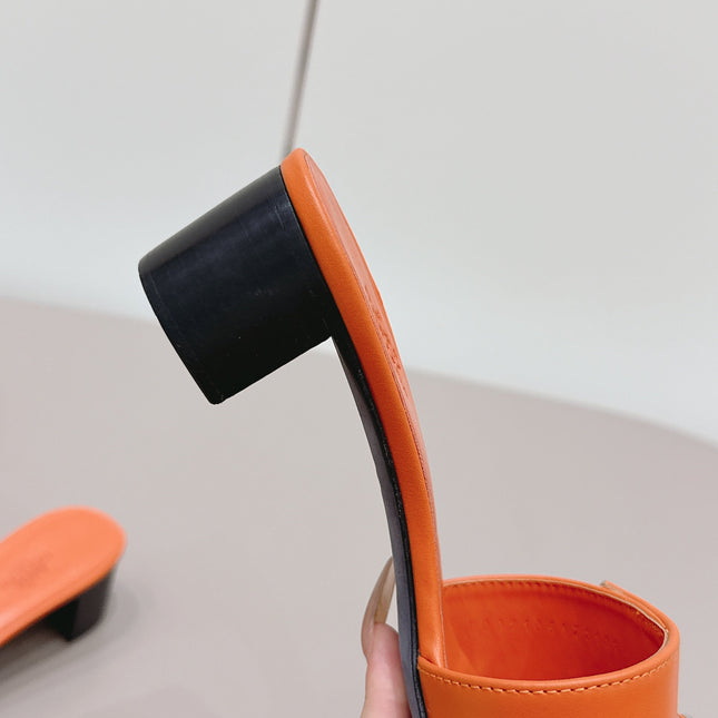 HM 26S KELLY HEEL SANDAL 50MM IN ORANGE CALFSKIN SILVER HARDWARE