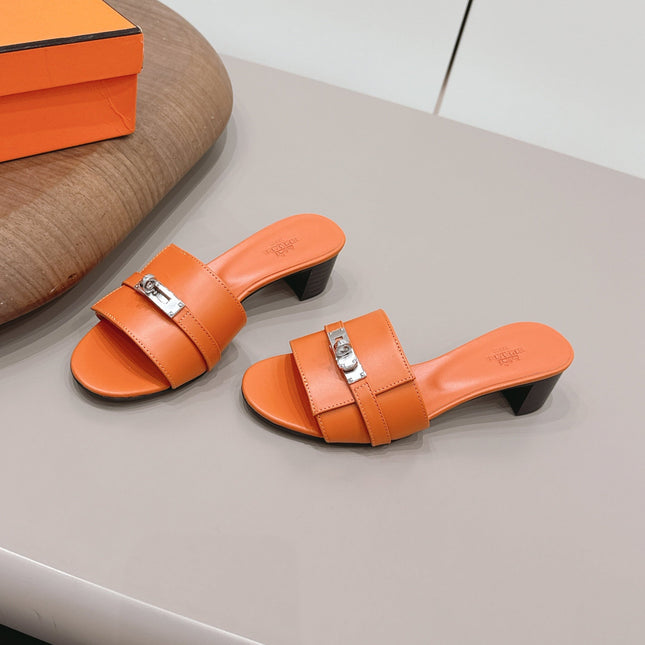 HM 26S KELLY HEEL SANDAL 50MM IN ORANGE CALFSKIN SILVER HARDWARE