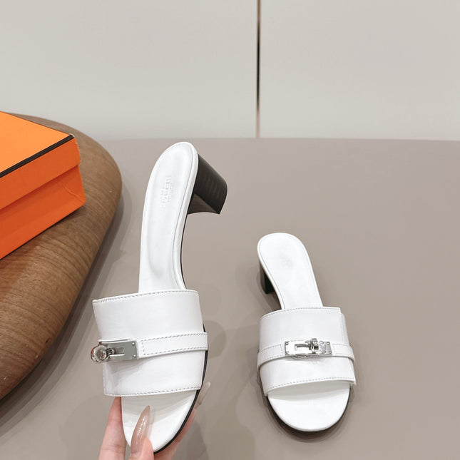 HM 26S KELLY HEEL SANDAL 50MM IN WHITE CALFSKIN SILVER HARDWARE