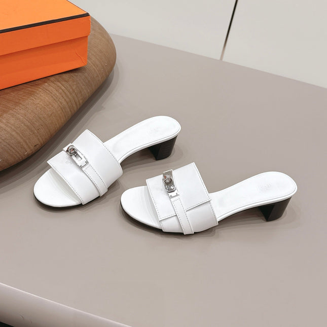 HM 26S KELLY HEEL SANDAL 50MM IN WHITE CALFSKIN SILVER HARDWARE