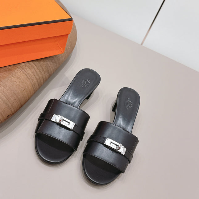 HM 26S KELLY HEEL SANDAL 50MM IN BLACK CALFSKIN SILVER HARDWARE