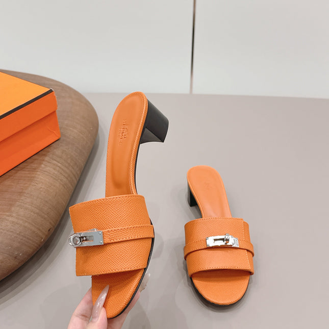 HM 26S KELLY HEEL SANDAL 50MM IN ORANGE EPSOM CALFSKIN SILVER HARDWARE