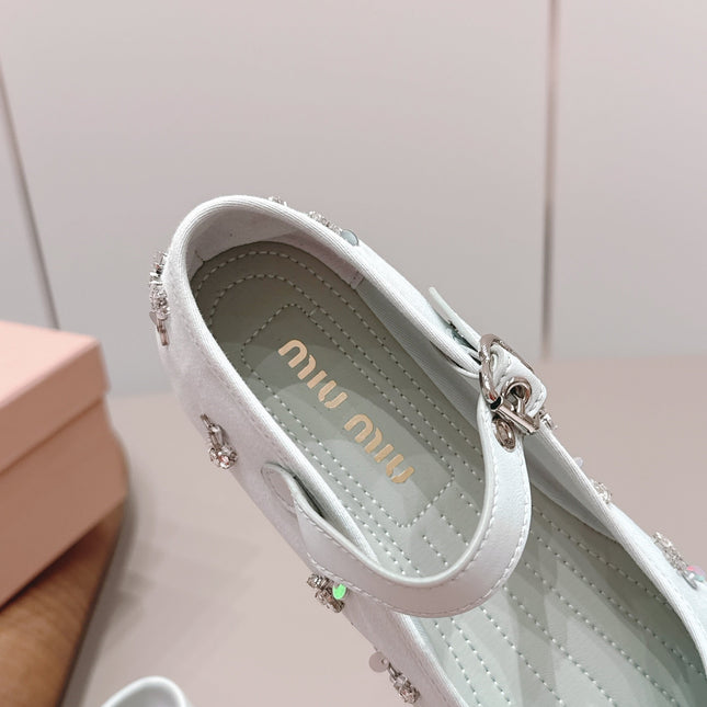 MIUMIU 26S MARY JANE BALLET FLATS IN WHITE FABRIC CRYSTAL EMBELLISHED