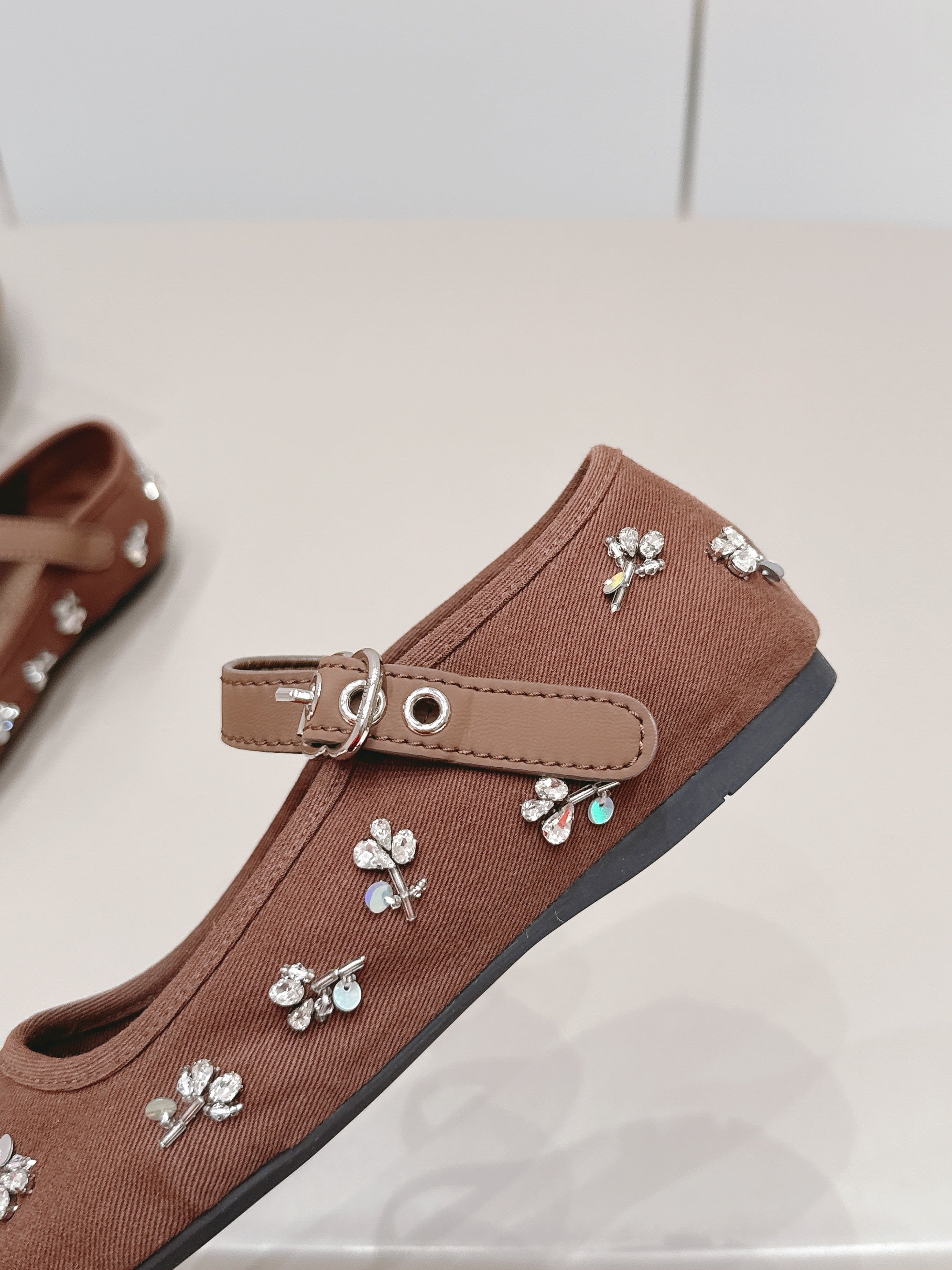 MIUMIU 26S MARY JANE BALLET FLATS IN BROWN FABRIC CRYSTAL EMBELLISHED