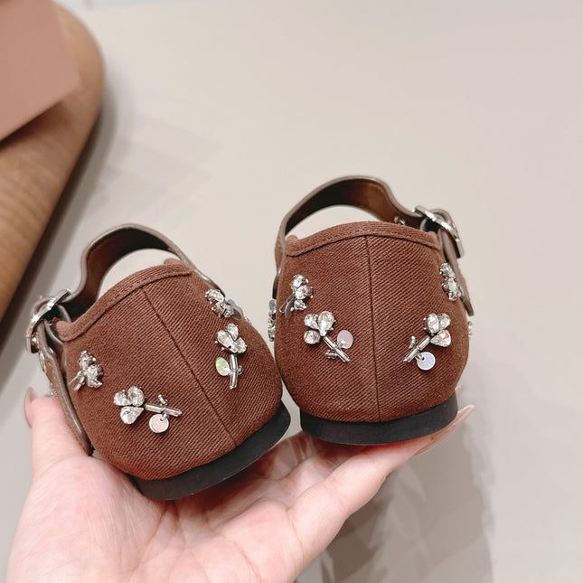 MIUMIU 26S MARY JANE BALLET FLATS IN BROWN FABRIC CRYSTAL EMBELLISHED