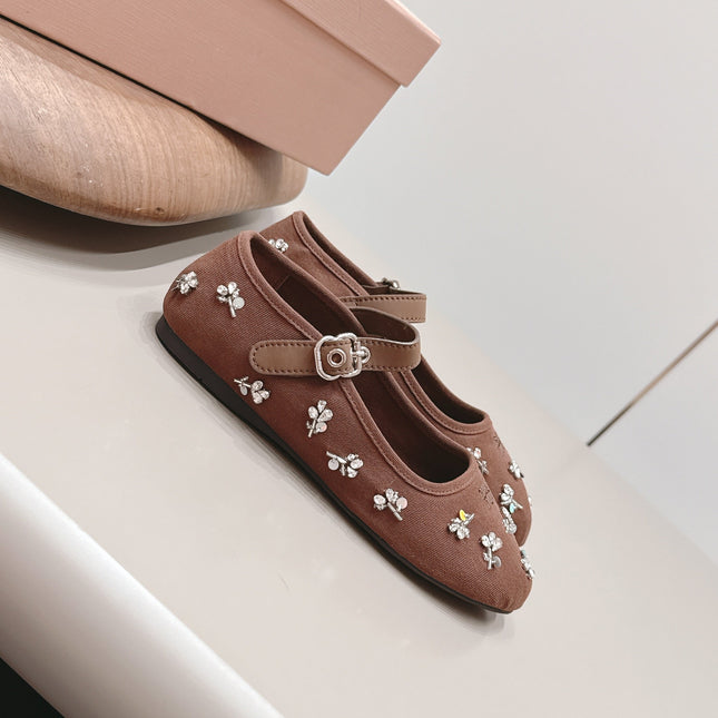 MIUMIU 26S MARY JANE BALLET FLATS IN BROWN FABRIC CRYSTAL EMBELLISHED