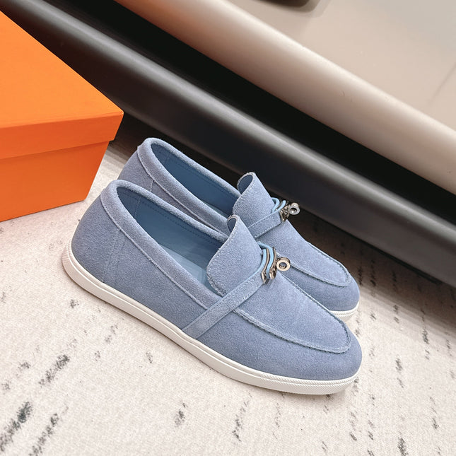 HM 26S KELLY PARIS LOAFERS IN LIGHT BLUE SUEDE SILVER HARDWARE