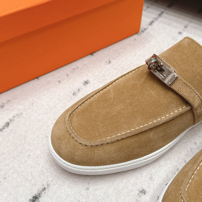 HM 26S KELLY PARIS LOAFERS IN LIGHT BROWN SUEDE SILVER HARDWARE