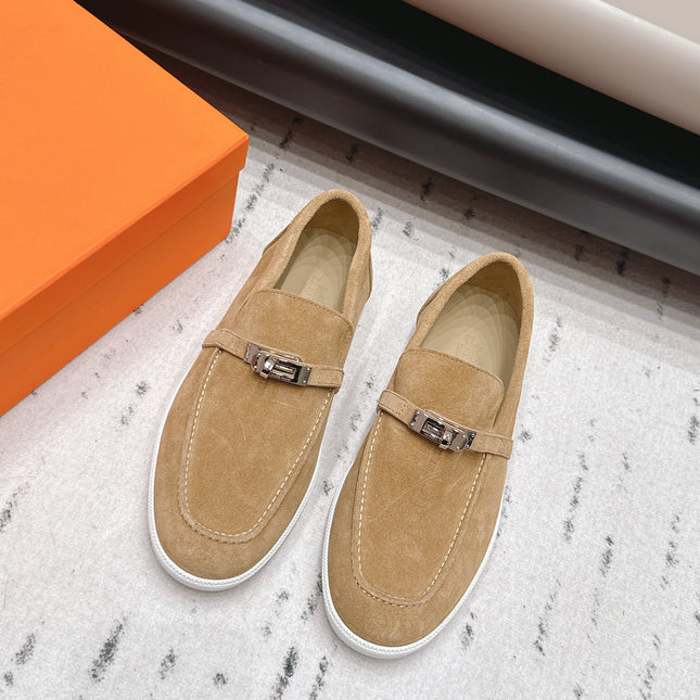 HM 26S KELLY PARIS LOAFERS IN LIGHT BROWN SUEDE SILVER HARDWARE