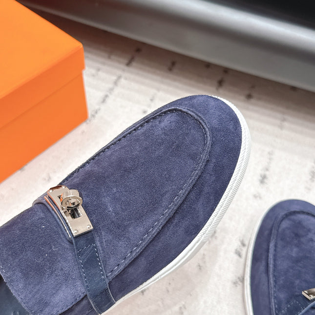 HM 26S KELLY PARIS LOAFERS IN NAVY BLUE SUEDE SILVER HARDWARE