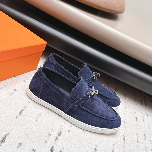 HM 26S KELLY PARIS LOAFERS IN NAVY BLUE SUEDE SILVER HARDWARE
