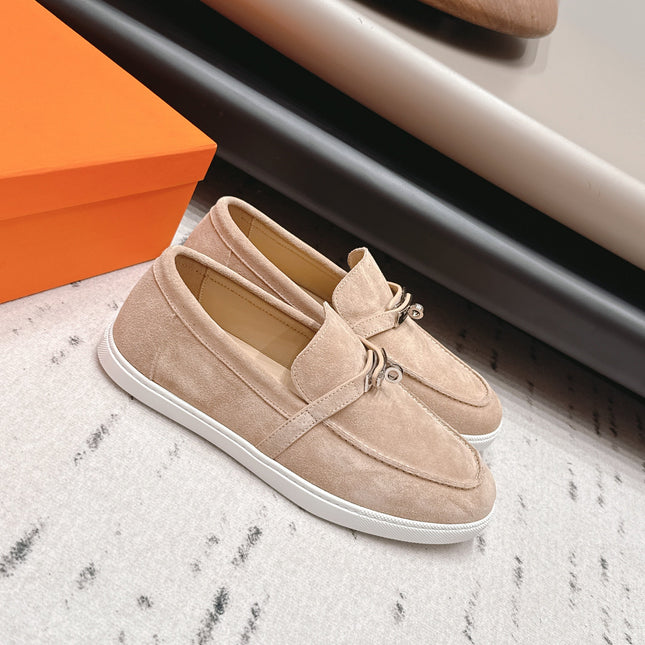 HM 26S KELLY PARIS LOAFERS IN SAND BROWN SUEDE SILVER HARDWARE