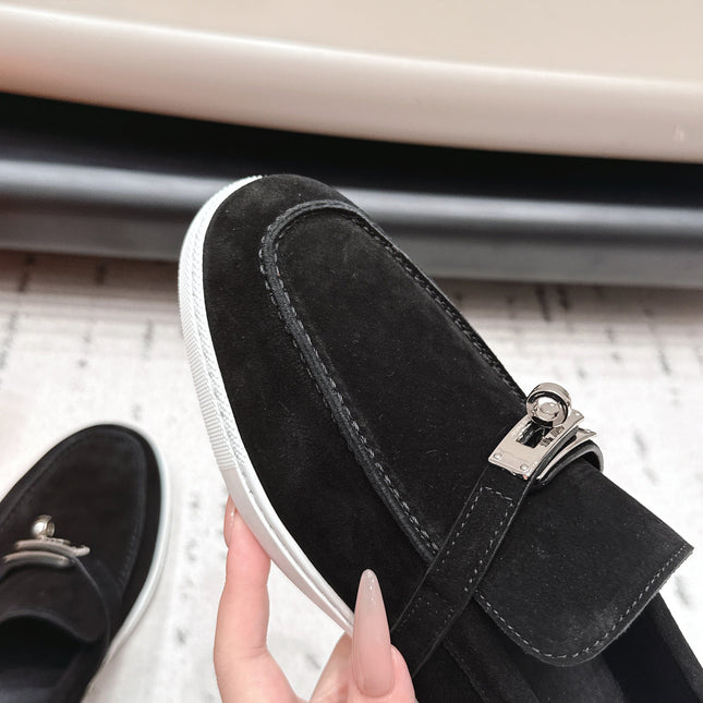 HM 26S KELLY PARIS LOAFERS IN BLACK SUEDE SILVER HARDWARE