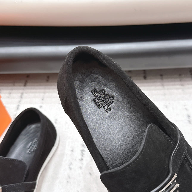 HM 26S KELLY PARIS LOAFERS IN BLACK SUEDE SILVER HARDWARE