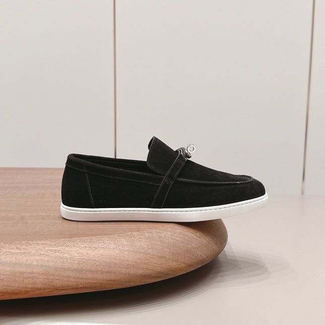 HM 26S KELLY PARIS LOAFERS IN BLACK SUEDE SILVER HARDWARE
