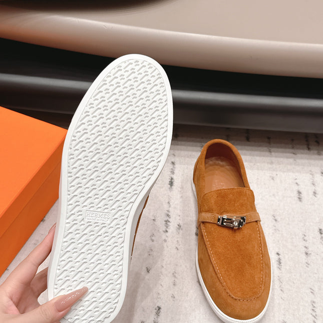 HM 26S KELLY PARIS LOAFERS IN ORANGE SUEDE SILVER HARDWARE