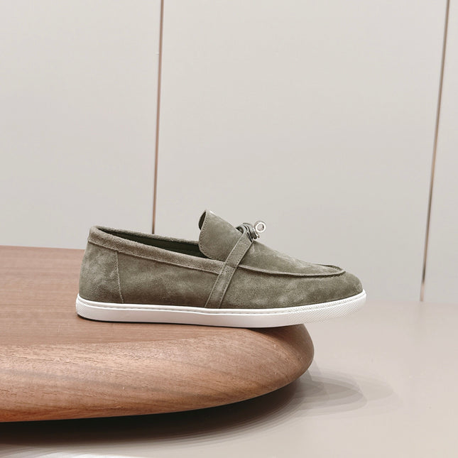 HM 26S KELLY PARIS LOAFERS IN OLIVE GREEN SUEDE SILVER HARDWARE