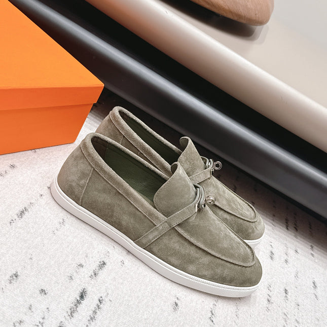 HM 26S KELLY PARIS LOAFERS IN OLIVE GREEN SUEDE SILVER HARDWARE