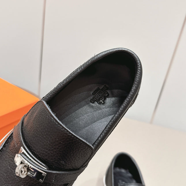 HM 26S KELLY PARIS LOAFERS IN BLACK CALFSKIN SILVER HARDWARE