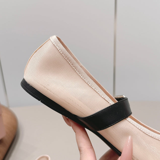 MIUMIU 26S BALLERINAS IN BEIGE MESH AND BLACK CALFSKIN