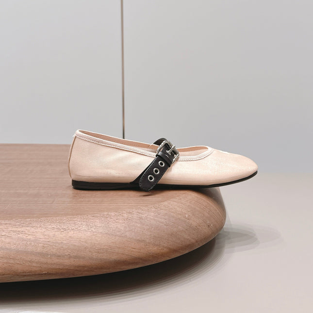 MIUMIU 26S BALLERINAS IN BEIGE MESH AND BLACK CALFSKIN