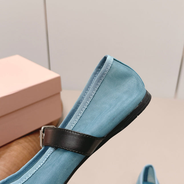 MIUMIU 26S BALLERINAS IN BLUE MESH AND BLACK CALFSKIN
