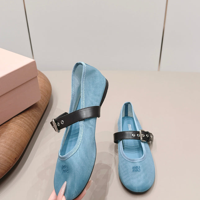 MIUMIU 26S BALLERINAS IN BLUE MESH AND BLACK CALFSKIN