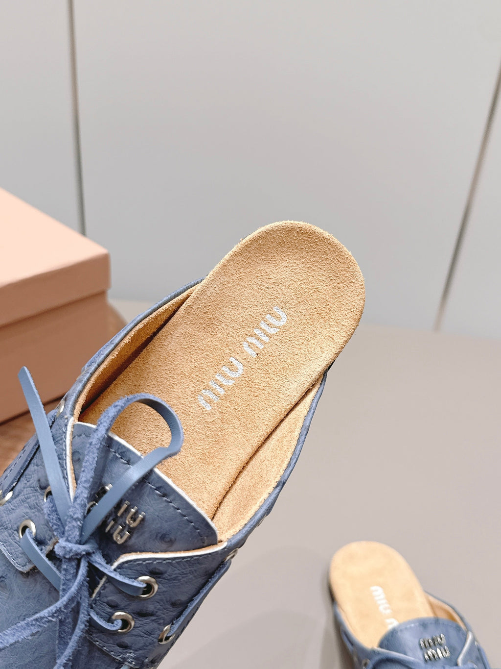 MIUMIU 26S LOAFER MULES IN BLUE CALFSKIN