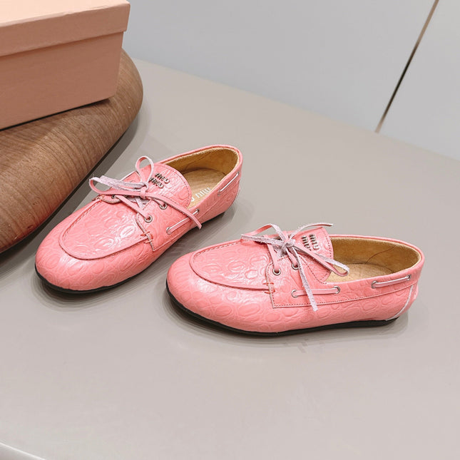 MIUMIU 26S BOAT SHOES IN PINK EMBOSSED CALFSKIN