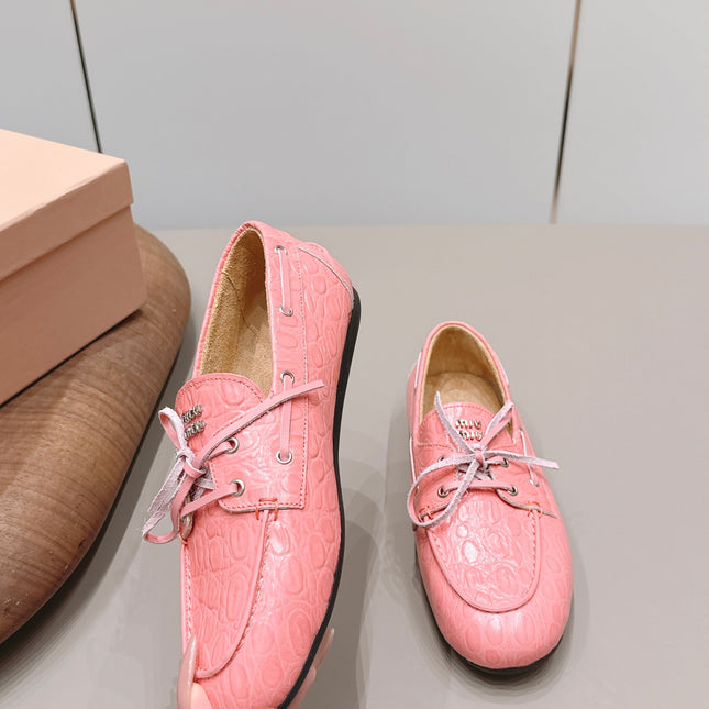 MIUMIU 26S BOAT SHOES IN PINK EMBOSSED CALFSKIN