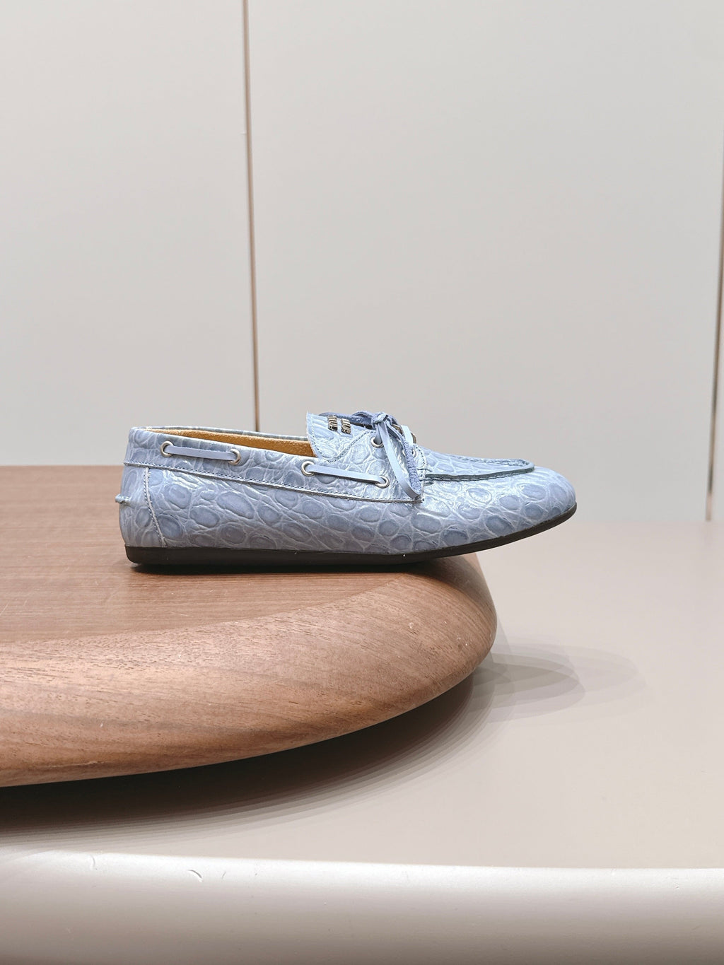 MIUMIU 26S BOAT SHOES IN BLUE EMBOSSED CALFSKIN